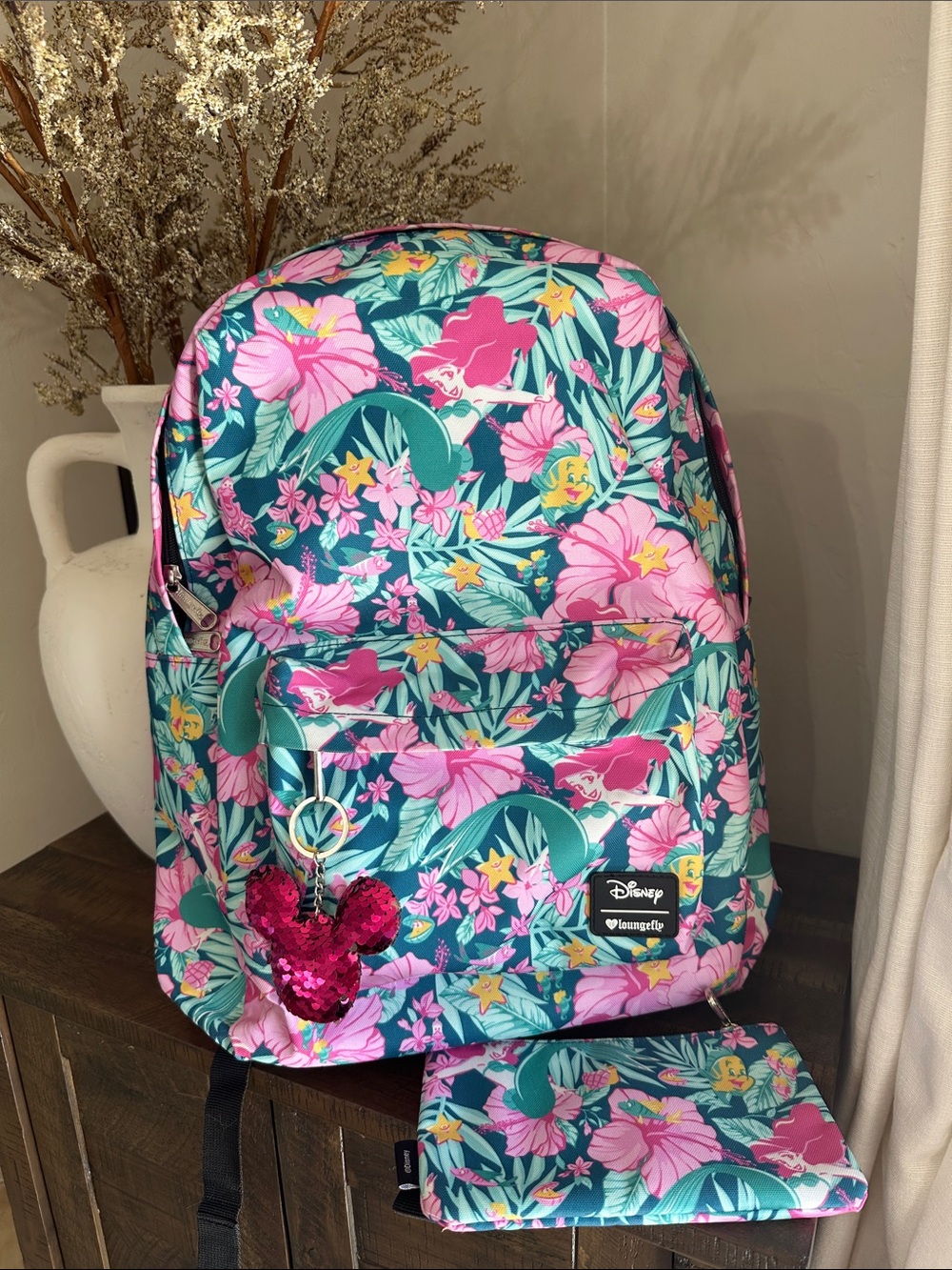 Disney Teal & Pink Mermaid Floral Backpack with Matching Pouch